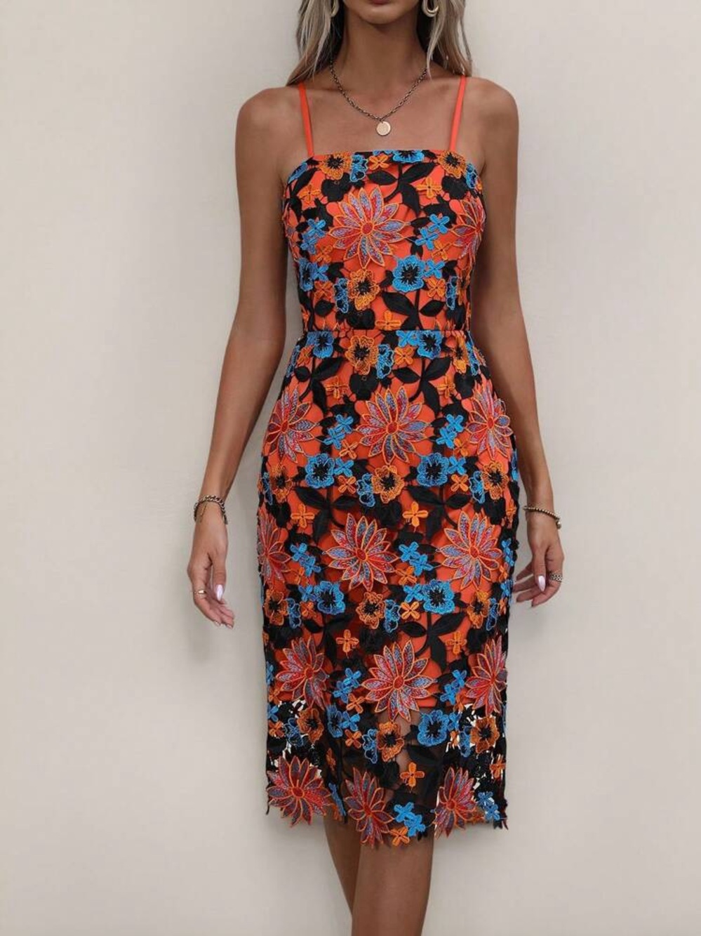 SHEIN Unity Multicolor Orange Black & Blue Floral Lace Date Midi Dress - Size XL